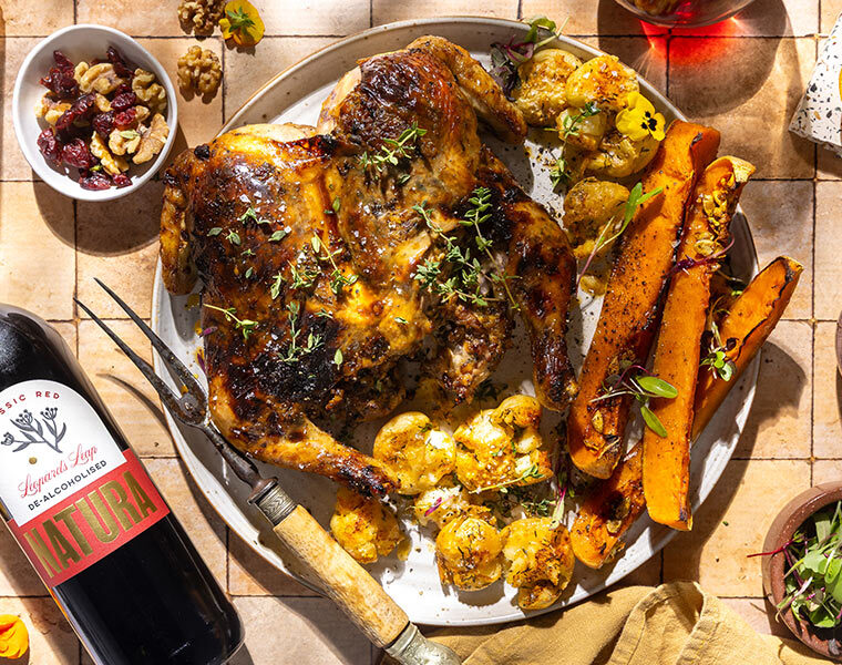 Honey-glazed Spatchcock Chicken paired with Leopard's Leap Natura Classic Red