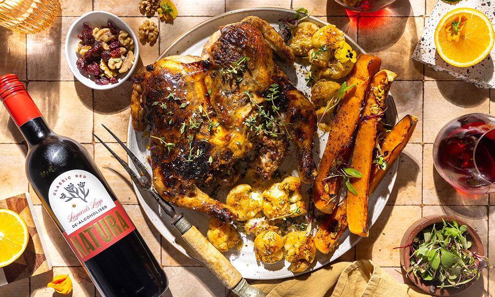 Honey-glazed Spatchcock Chicken paired with Leopard's Leap Natura Classic Red