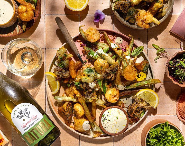 Vegetable Fritti with Roasted Garlic and Lemon Aioli paired with Leopard's Leap Natura Classic White
